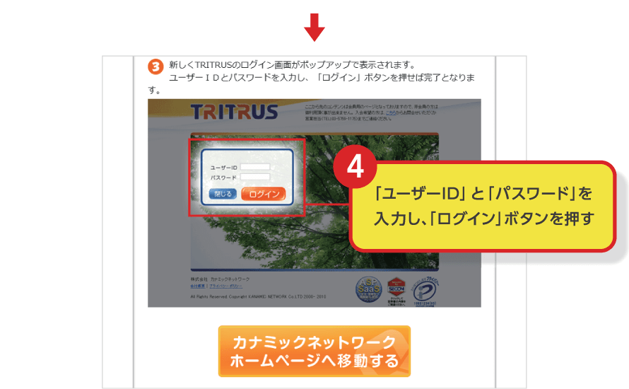 （4）「ユーザーID」と「パスワード」を入力し、「ログイン」ボタンを押す